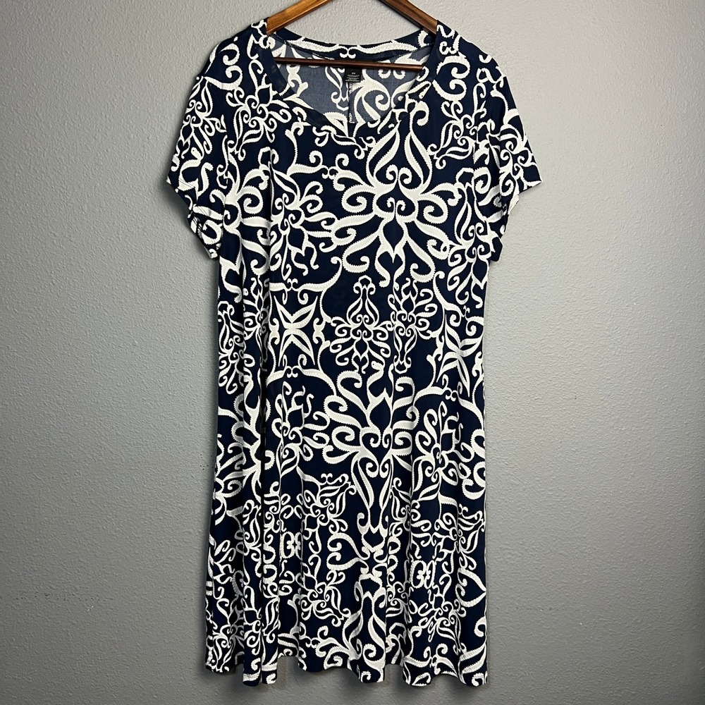Candalite Women's Pullover 2X Navy Blue White Print Short Sleeve Casual‎ Dress